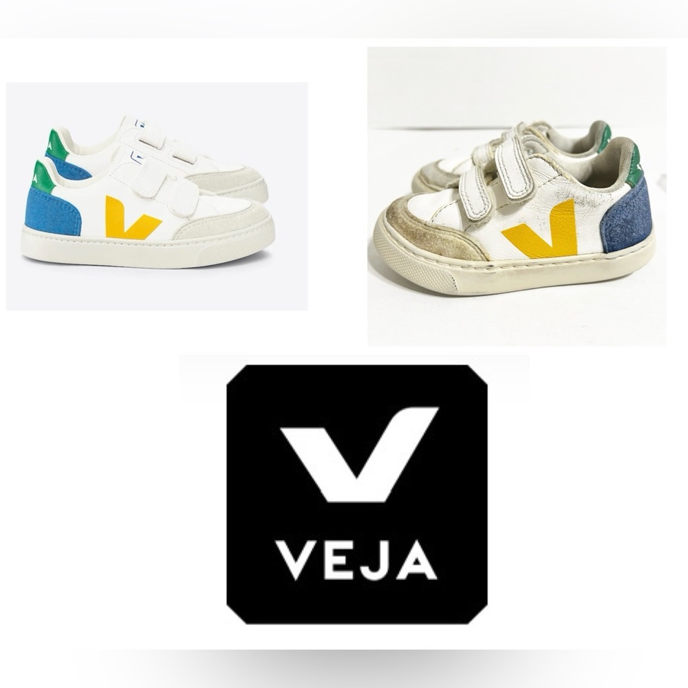 Veja V-12 Leather White Multico Indigo and Yellow Sneakers with Iconic V Log